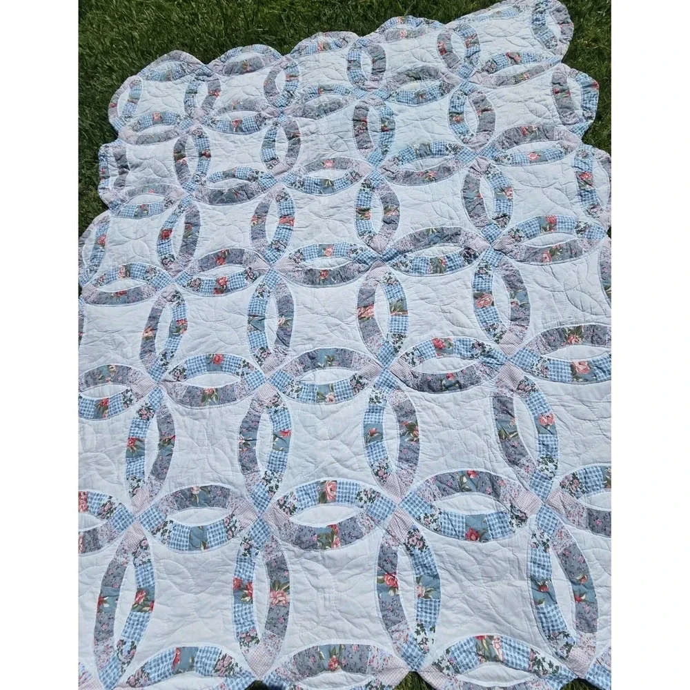 Handmade vintage double wedding ring quilt blue floral gingham Heirloom Cottage